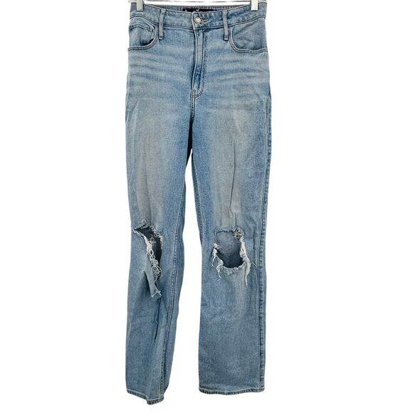 Hollister Ultra High Rise Dad Jeans Light Wash Blue Womens Size 5L Tall Ripped!! - Picture 1 of 11